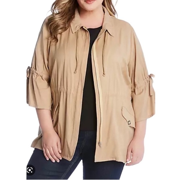 Karen Kane Camel Cinched Waist Tie Bell Sleeve Utility Zip Up Jacket 0X - Picture 1 of 15